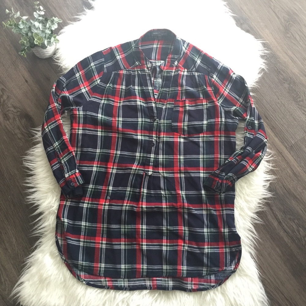 Market & Spruce 3/4 Sleeve Blue Flannel Tunic
